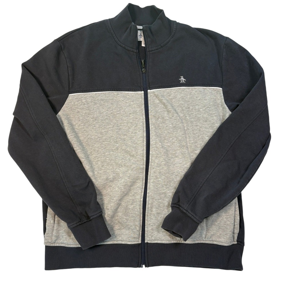 Original Penguin Mens Full Zip Track Jacket Navy Gray Colorblock OP4941 Large